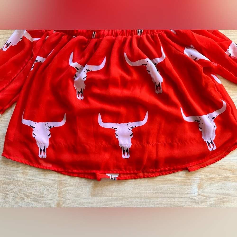 ❤️SOLD Peach Love California Cattle Skull Off The Shoulder Top, Red Orange, Ruf - Picture 4 of 16
